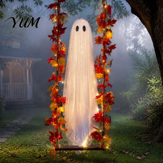 Decorative Festival Ghost Items Light Up Hanging Swinging Halloween Decoration with Remote Control, Large White Spooky Outdoor Yard Decor Ornament