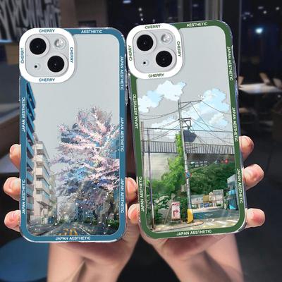 Мягкий чехол для телефона с японским аниме Cherry Blossom для iPhone 13 12 14 11 Pro Mini X XR XS Max 7 8 Plus SE3 с мультяшным пейзажем