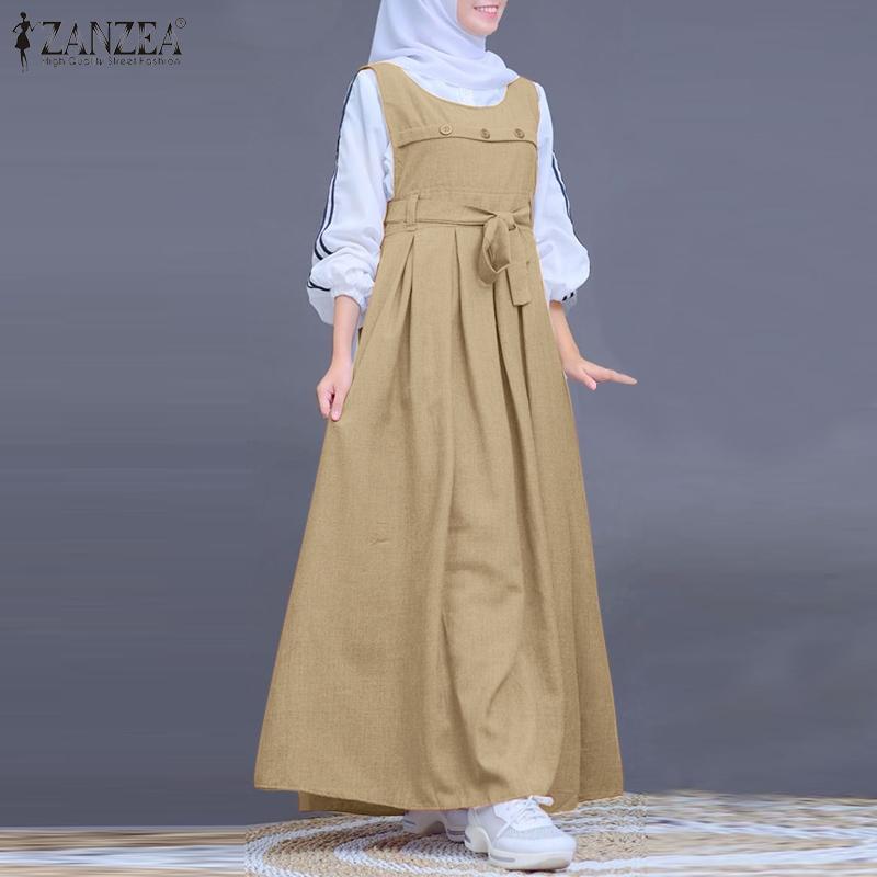 ZANZEA Женский свободный повседневный комбинезон в стиле ретро без рукавов с круглым вырезом, длинное платье