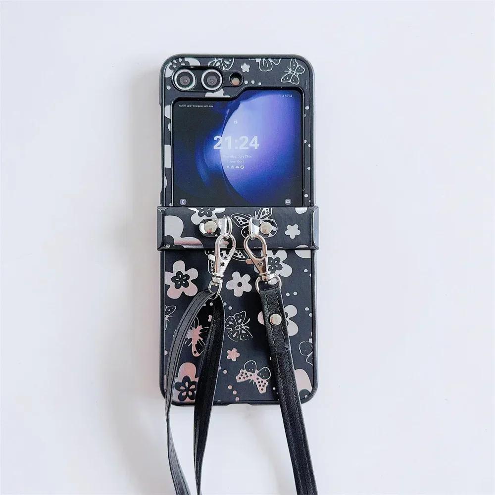 Чехол-кроссбоди из ПУ кожи с цветком-бабочкой на шнурке для Samsung Galaxy Z Flip 6 5 4 3 5G, защита шарнира, противоударный чехол