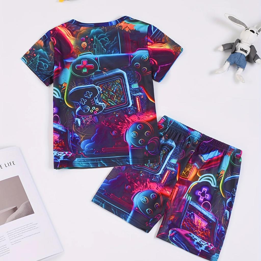 Пижамный комплект из 2 предметов для мальчиков, футболка с короткими рукавами и круглым вырезом с принтом геймпада + шорты в тон, удобная домашняя одежда