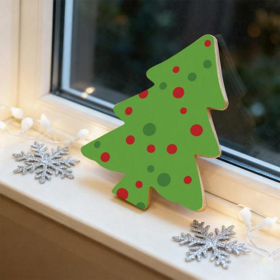 Grid Pattern Tree Decor Christmas Wooden Tabletop Decor, Plaid Polka Dots Xmas Wood Signs, Red Traditional Festive Ornaments Black Green Desktop
