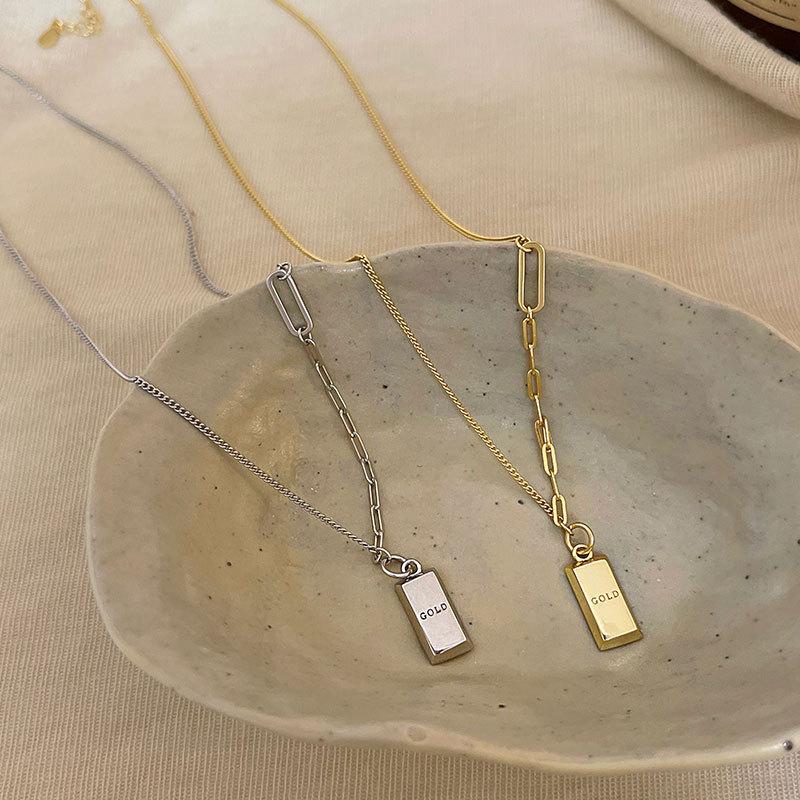 Small Golden Brick Necklace Women's Exquisite Small Bar Pendant Square Sweater Chain Gift New Style