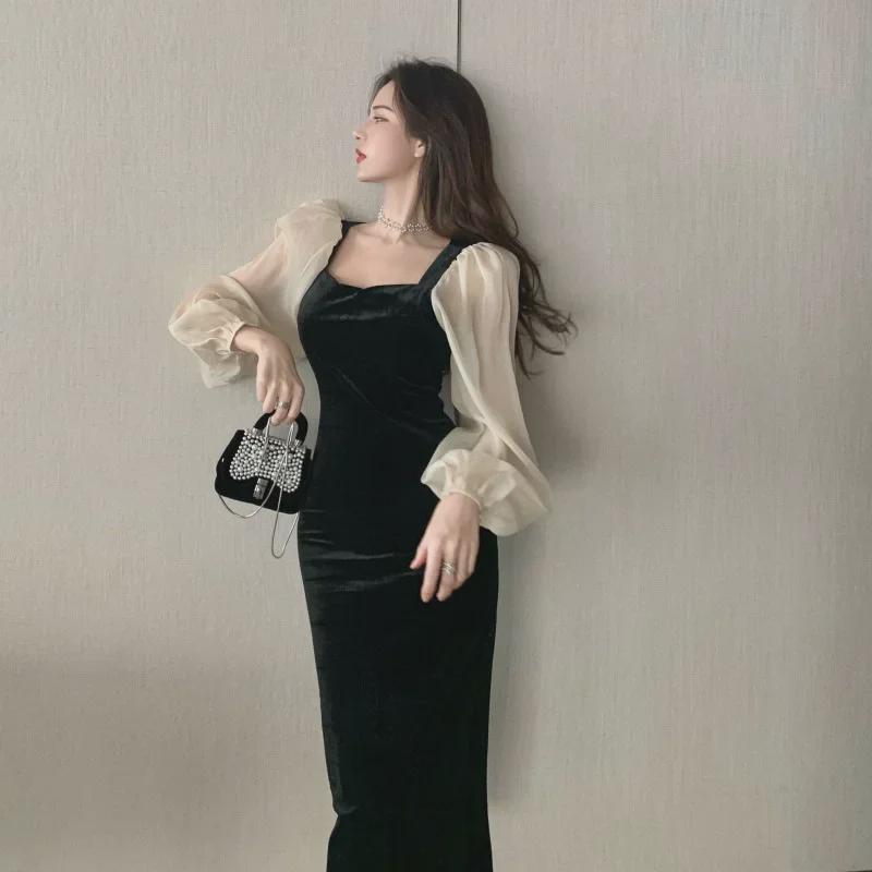 2023 Women's Hepburn-Style Velvet Slim Fit Long Dress