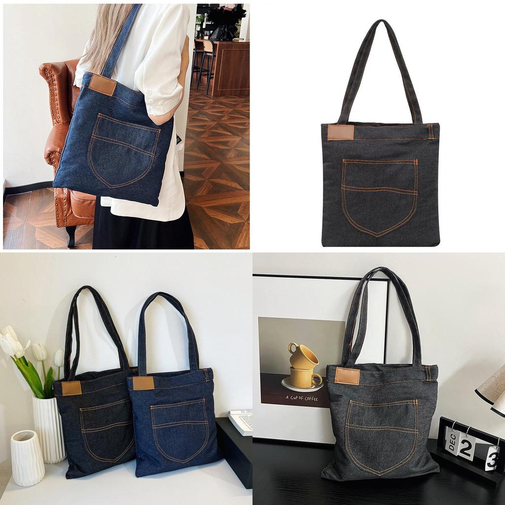Denim Shoulder Bag Large Capacity Shopping Tote With Zipper For Daily Use
