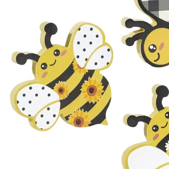 3 Pcs Wooden Bee Table Sign Spring Honey Bee Tabletop Block Sign Farmhouse Bee Centerpiece for Tiered Tray Home Mantel Shelf Desk Decor