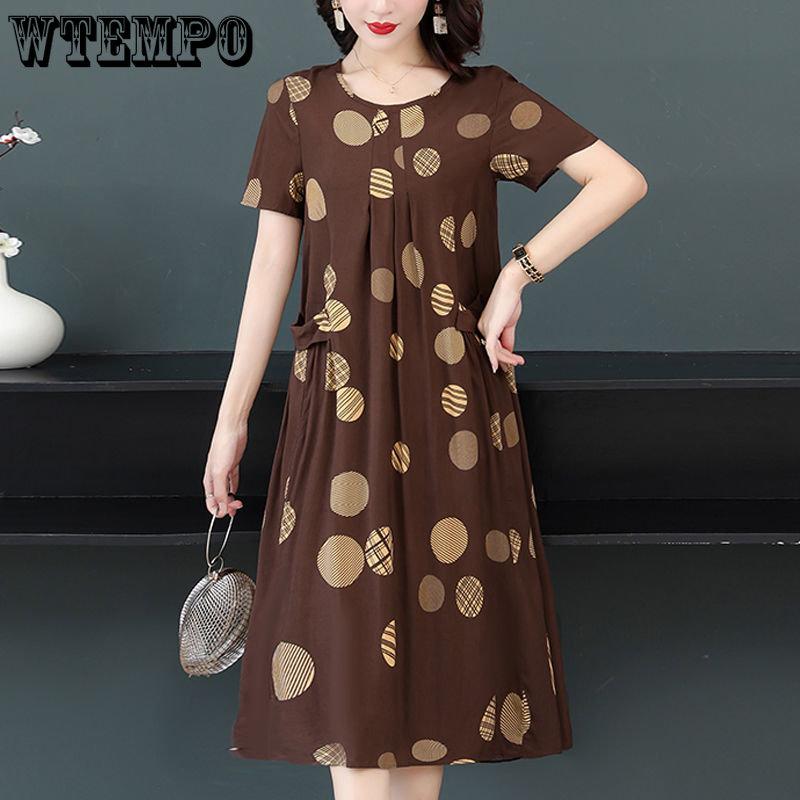Женское летнее модное свободное хлопковое шелковое платье большого размера с короткими рукавами и цветочным принтом, темпераментные платья трапециевидной формы