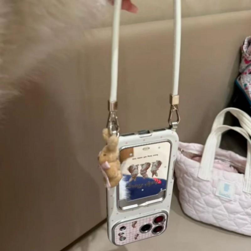 Korean Ins Cute Rabbit Mirror Card Holder Case IPhone 17 Pro Max 16 15 Silicone Full Cover