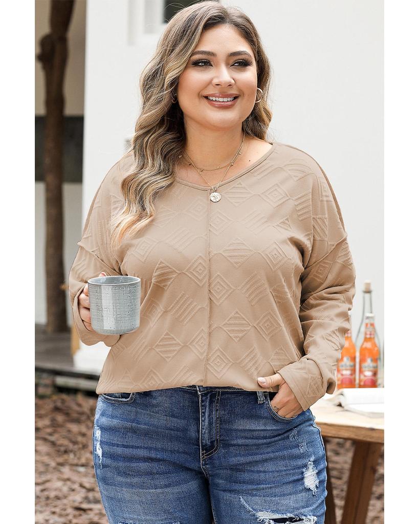 Azura Exchange Khaki Plus Size Textured Drop Shoulder Exposed Seam Top