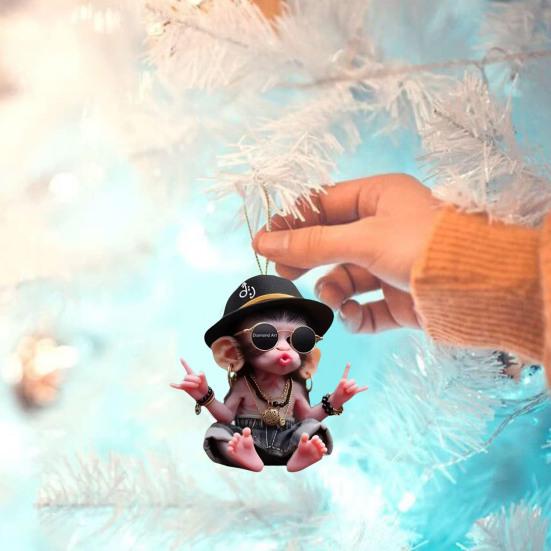 Christmas Monkey Pendant 2D Acrylic Hanging Ornament Cartoon Monkey Xmas Tree Ornament Car Interior Accessory Gift for Animal Lovers
