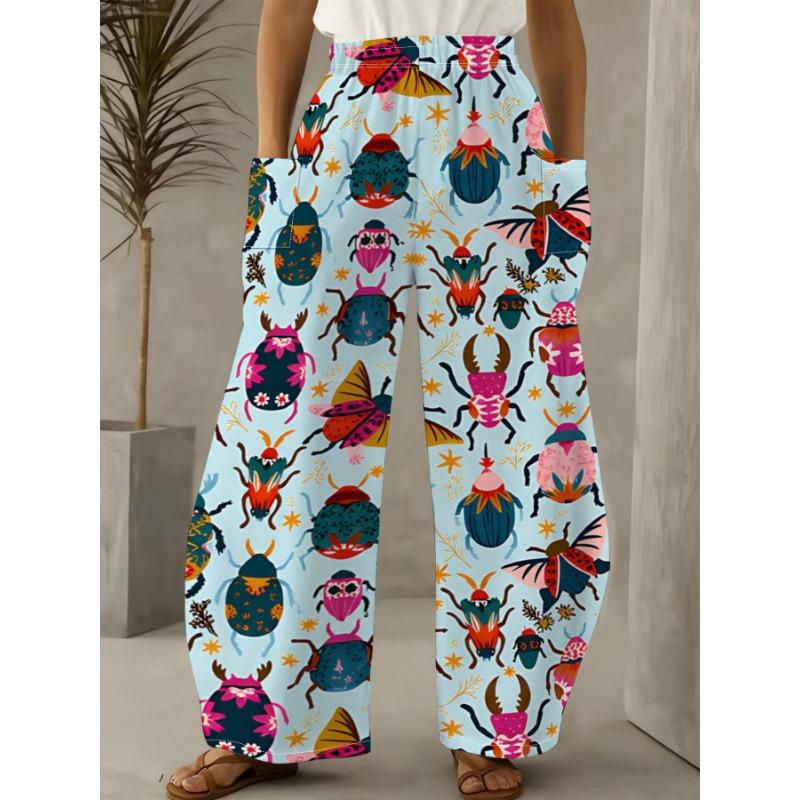 Women's coded American retro light blue colorful beetle and butterfly print wide leg pants