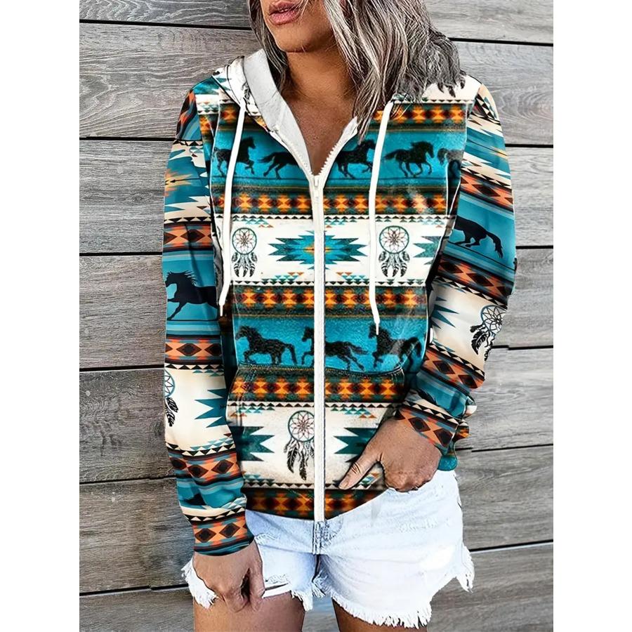 Winter Printed Hooded Sweatshirt Sportwear Coat for Women Zipper Down 3D Pocket Hoodies Autumn Women's Clothing