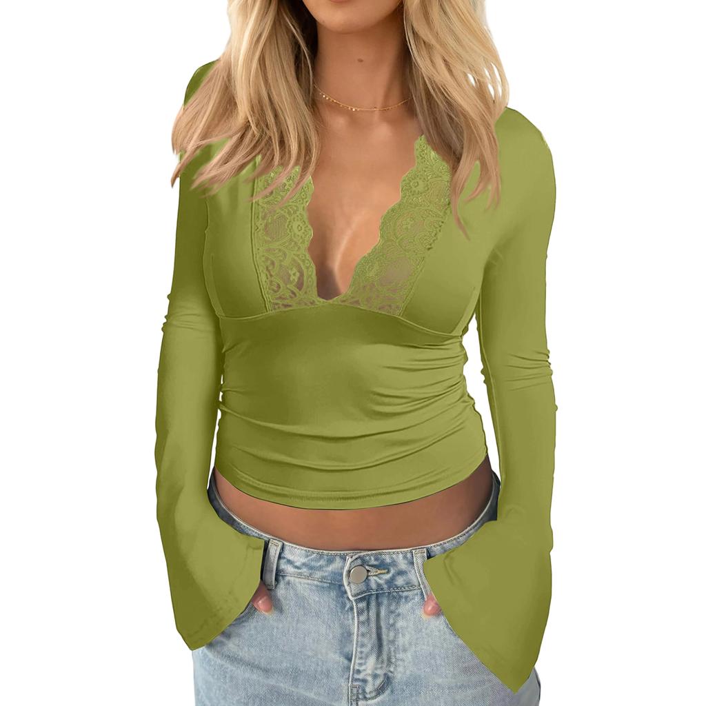 Женский однотонный топ с длинным рукавом, облегающего кроя, с V-образным вырезом, с кружевной отделкой в стиле пэчворк