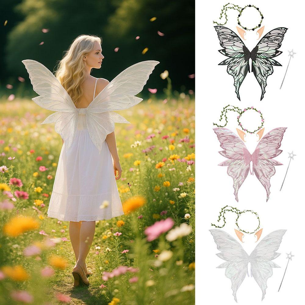 Star Wand Fairy Butterfly Wings Flower Crown Sparkling Angel Wings Fairy Costume Set  Halloween