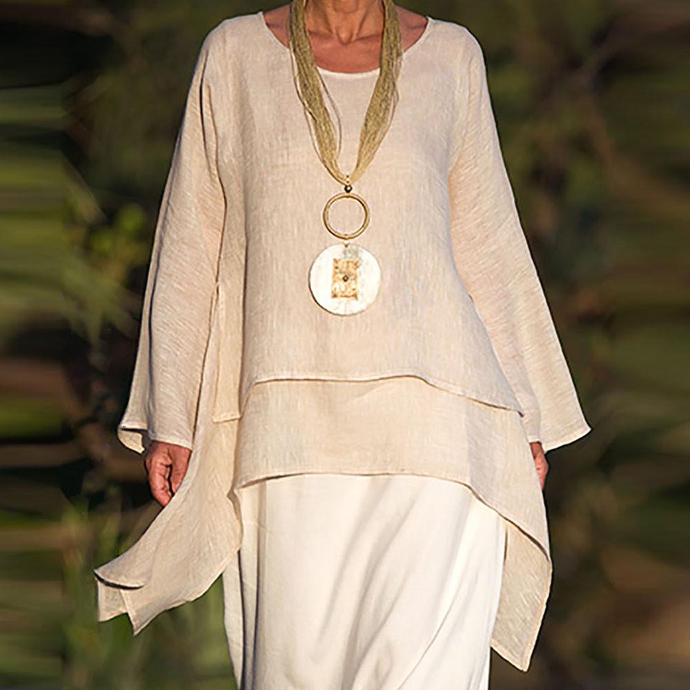 Women Fashion Plus Size Irregular Casual Linen Long Sleeve Neck Blouse