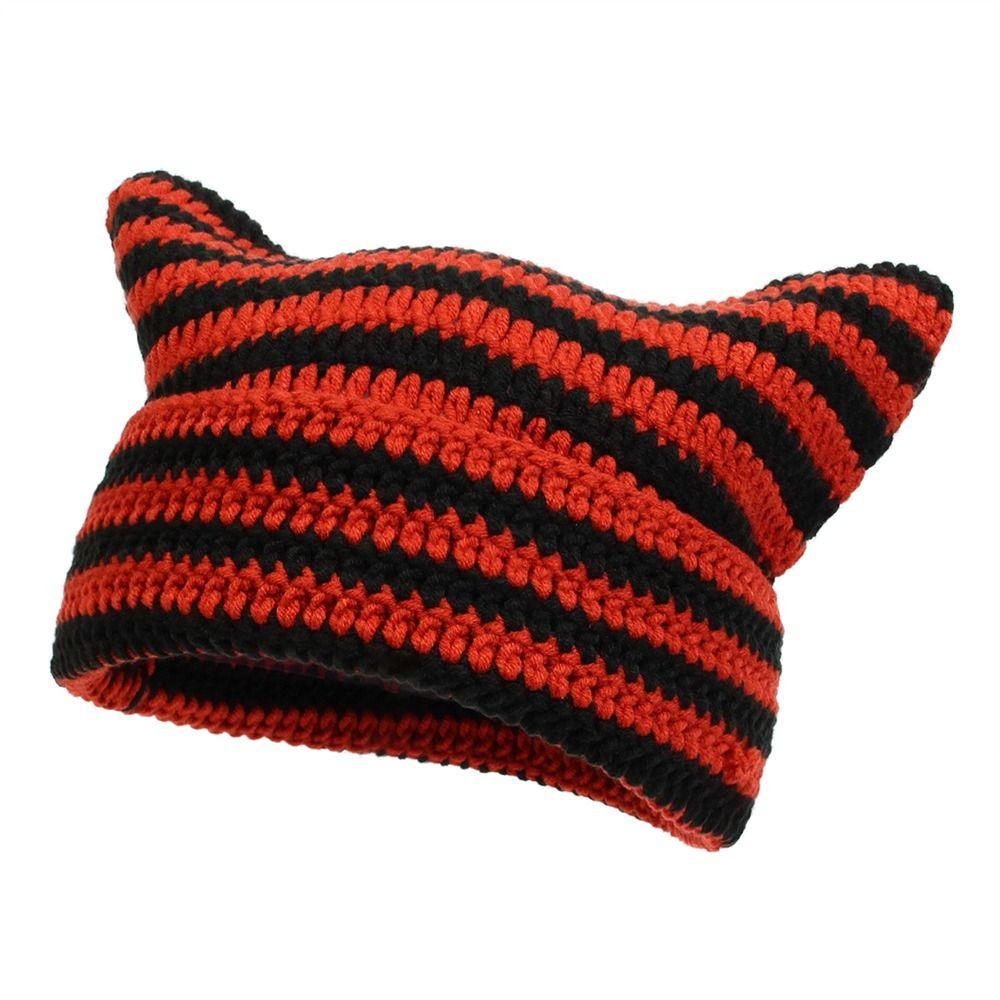 Y2K Harajuku Ins Little Devil Striped Hat Keep Warm Skullies Cap Casual Knitted Wool Cap  Women