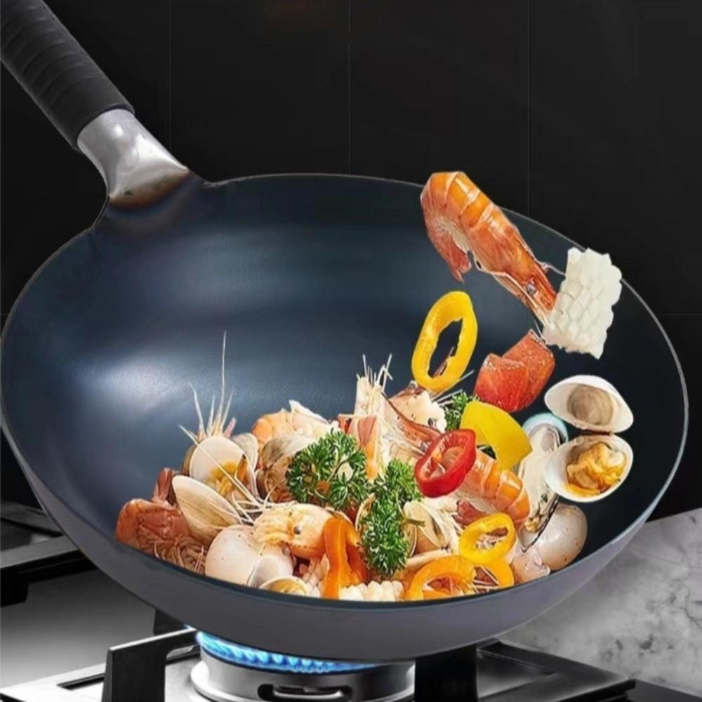Hand-forged Cast Iron Wok Non Stick Uncoated Cookware Cooking Pot with Lid 32/34/36cm Kitchen Tools Gas Induction Cooker