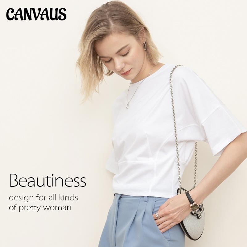 CANVAUS Свободная хлопковая футболка с круглым вырезом, женская верхняя одежда с рукавами «летучая мышь» и швами