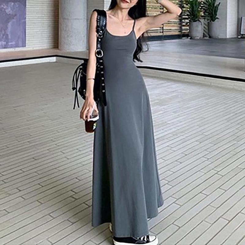Spaghetti Strap Dresses Women Retro Sexy Slim Simple Daily Streetwear Midi Trendy Pure Summer Ladies Sleeveless