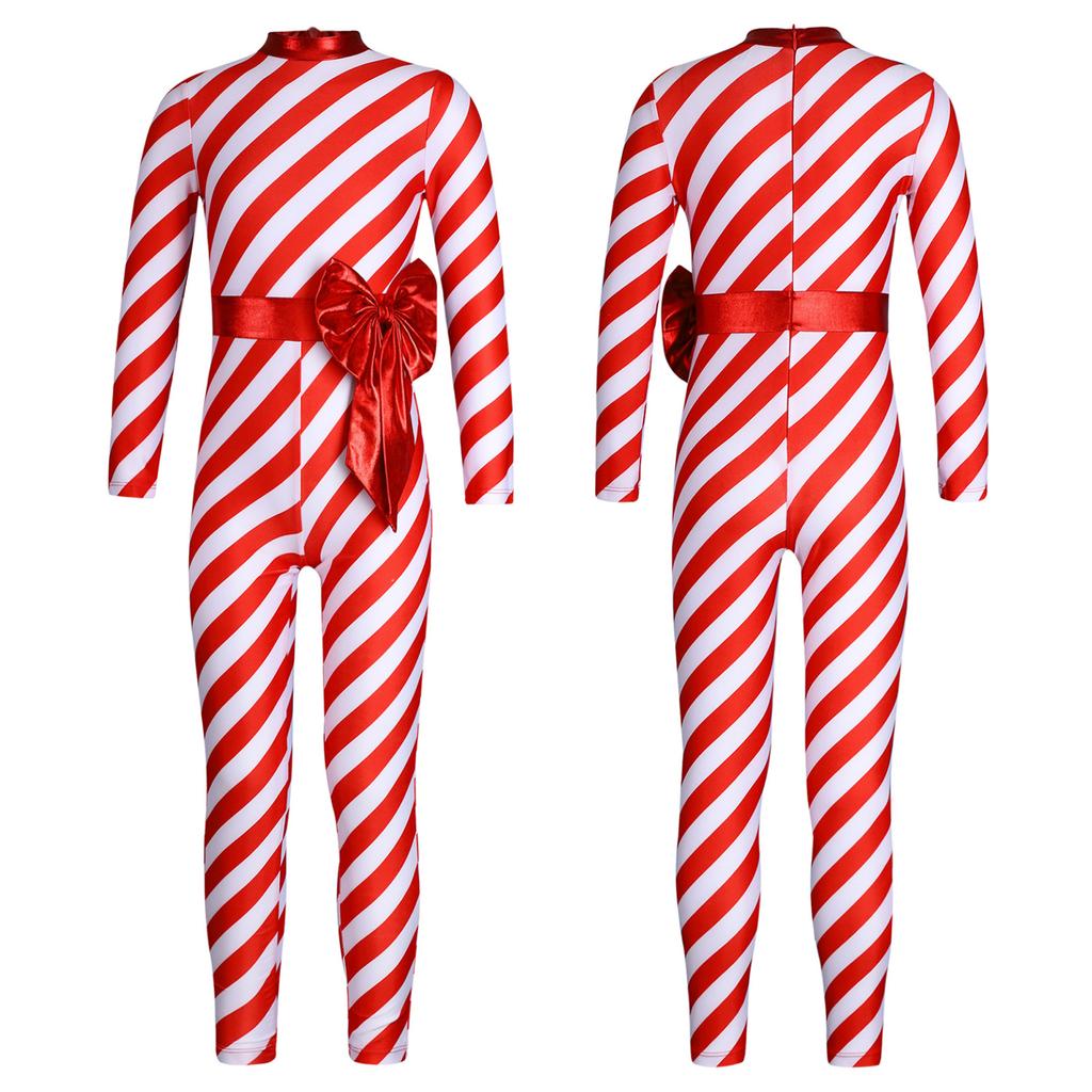 Kids Girls Candy Cane Striped Christmas Costume Long Sleeve Bow-knot Long Bodysuit Dance Jumpsuit Costume Dancewear