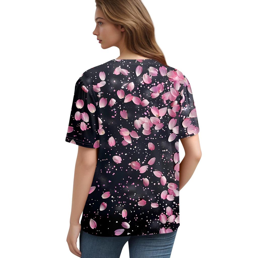 Women's Fashionable Casual Short Sleeve Button Print V-Neck Pullover Top