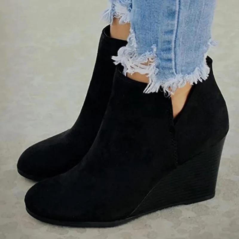 Fashion Women Boots Retro Suede Side Zipper Wedges Boot Leopard Design Casual Ankle Boots for Women High Heels Platform Boot Botas Mujer