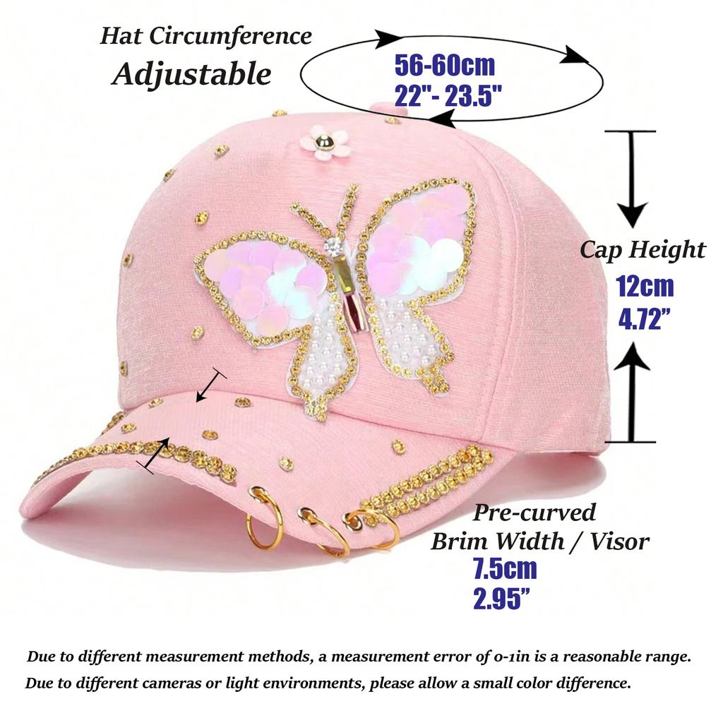 Fashion Ladies Bling Sequin Butterfly Baseball Cap, Rhinestone Trim Metal Ring Decor Adjustable Sun‑Protection Peaked Hat for Daily Party Street