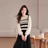Черно-белый полосатый трикотажный свитер с круглым вырезом и рукавами-фонариками, женский весенний свитер с комбинированной вязкой, свободная рубашка