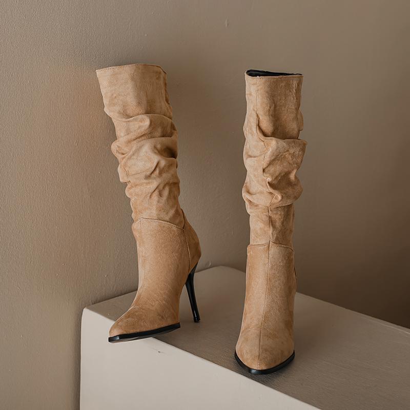 Женские сапоги на высоком каблуке, осень и зима, новые, карамельного цвета, остроносые, на шпильке, большие, средние сапоги
