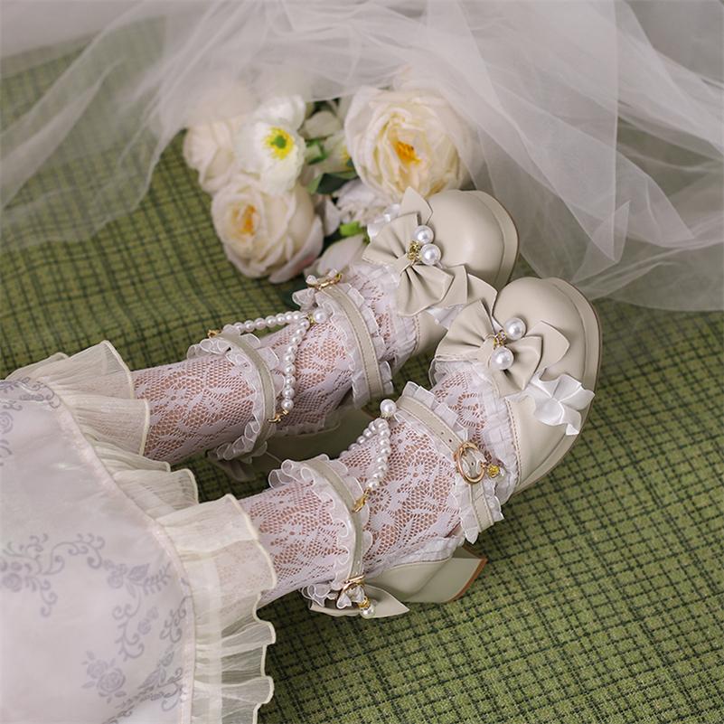 Женские туфли-лодочки в стиле Лолиты с ремешком на щиколотке, женская обувь в стиле каваи на платформе с круглым носком, на толстом среднем каблуке с пряжкой и бантом из бисера, весенне-осенняя женская обувь