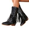 Fashion SyfIyno Wedge Chunky Heel Boots Women Rivets Tassels Design Western Boots PU Leather Brown Cowboy Boots for Woman Cowgirl Botas