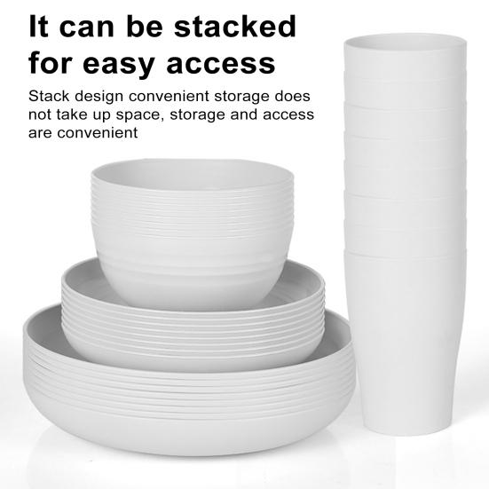 32-Piece Plastic Tableware Set Food-grade Reusable Dinner Plates Bowls Cups Service for 8 Dishwasher Safe Non-breakable Dishware for Picnics