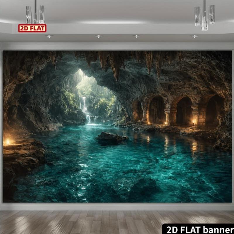 Natural Cave Waterfall Backdrop Banner, Turquoise Pool and Stone Arch Multi-Layer Waterfall, Photo Background for Wedding Party Indoor Decor