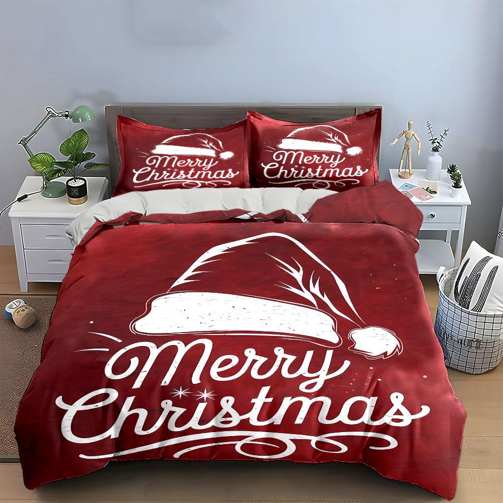 Merry Christmas Hat Design Bedding Duvet Cover Set Duvet Cover Pillowcases (1*Duvet Cover 2*Pillowcases, without duvet insert)