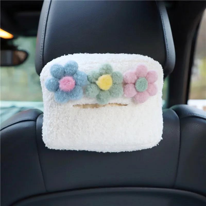 Cute Cartoon Plush Color Flowers Car Headrest Tissue Box Paper Tower Holder Auto Visor Hanging Organizer Styling Car Accessories