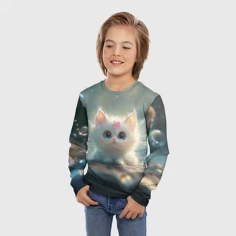 Children's Tie Dye Cartoon Kitten Print T-shirt Boys Cute Long Sleeved Soft Comfortable Top