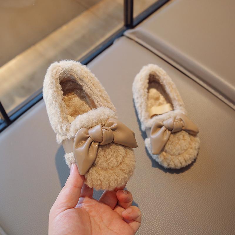 Модные детские туфли для девочек, детские, зимние, плюшевые, меховые, с бантом, теплые, хлопковые, дизайнерские, милые, для малышей, принцессы, повседневные, туфли на плоской подошве