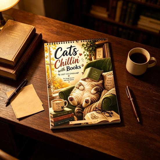 Настенный календарь Коты отдыхают с книгой 2027, 12-месячный ежемесячный планировщик, Плотная бумага для записей, Ежедневное планирование для дома и офиса