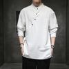 Men's Spring and Autumn Chinese Cotton and Linen Shirt Stand-up Collar Solid Color Blouse
