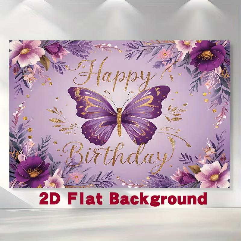 2D Whimsical Purple Butterfly Birthday Backdrop with Flowers Photo Booth Banner