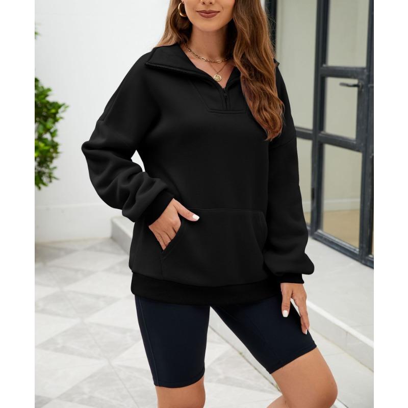 Осенне-зимняя однотонная женская свободная толстовка с воротником-стойкой на молнии