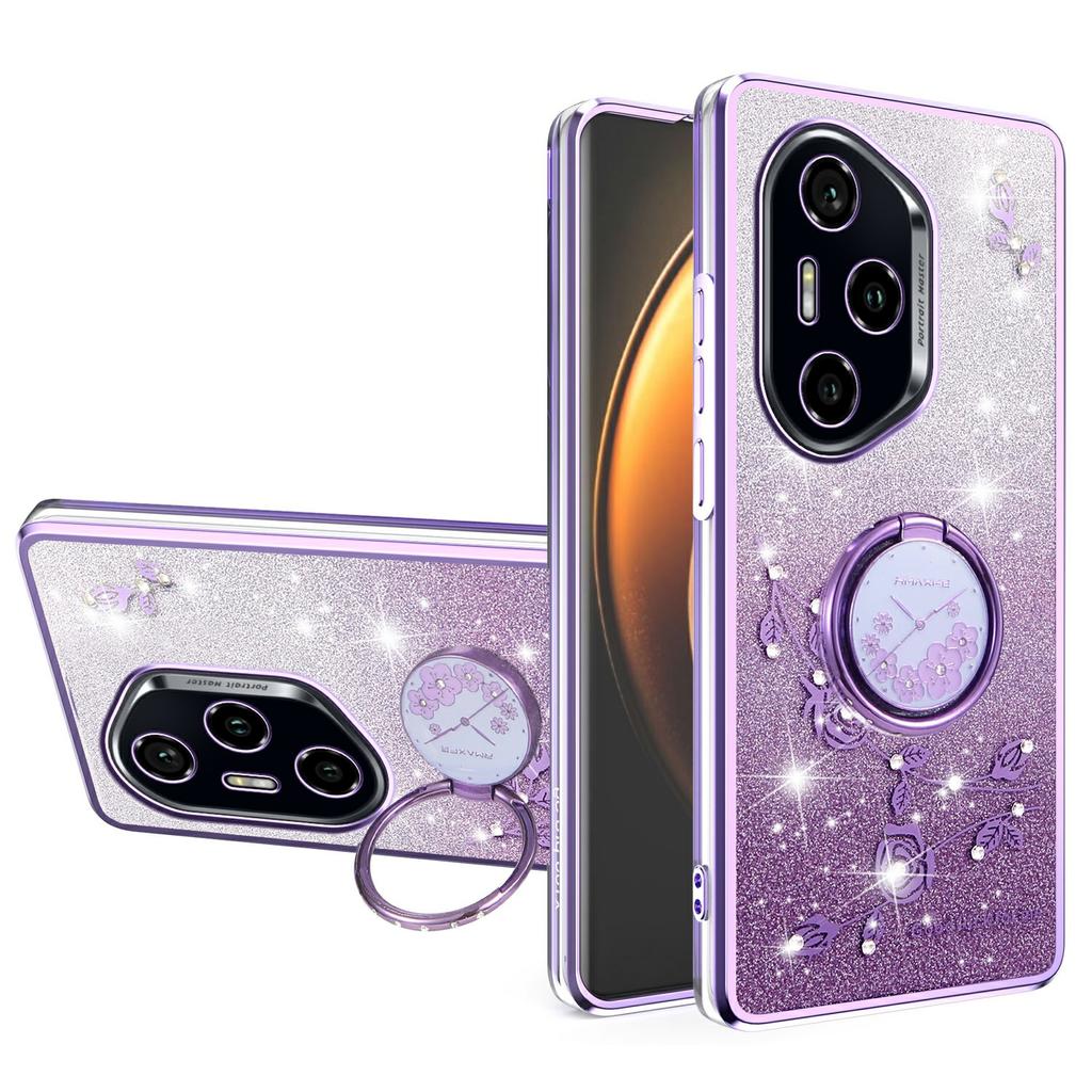 KADEM For Honor 400 Pro 5G (Global) Case Ring Kickstand TPU Flowers Phone Cover Gradient Glitter