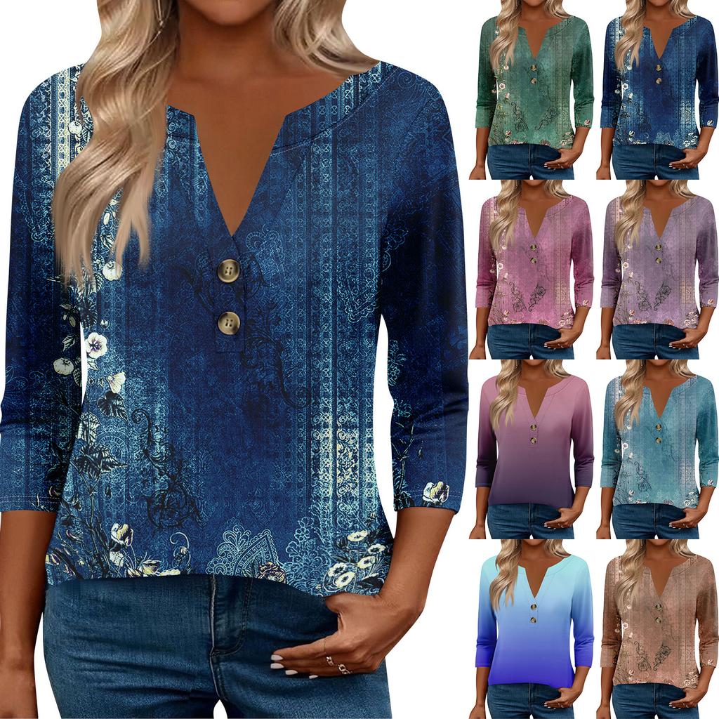 Женские топы с рукавом 3/4 для женщин, топы хенли на пуговицах с V-образным вырезом, нарядные летние женские топы свободного кроя