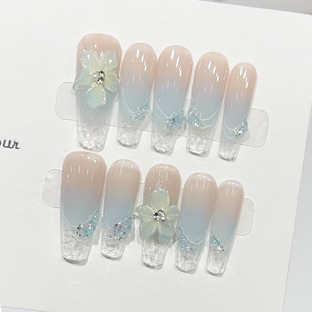 735 Extended T Blue Ice Flower French Wave Handmade False Nails 10pcs