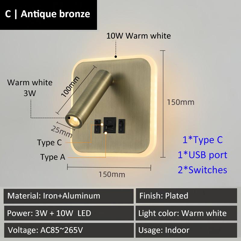 Creative Base Switches Small Wall Lamp With USB Type-C Charging Port Living Room Bedroom Bedside Rotatable Reading Light 10W+3W