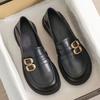 Large Size Women's Shoes with Wide Feet and Fat Girls - Black Small Leather Shoes, Spring and Autumn Flat Bottom Big Head Loafers