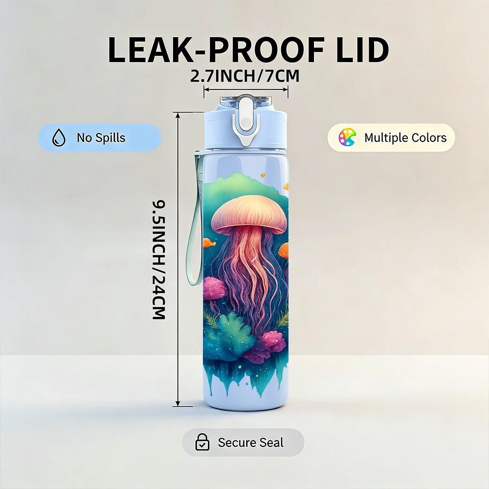 1PC Colorful Jellyfish Art 750ml Color Plastic Sports Water Bottle Leakproof Flip Straw Lid Suitable for Sports Office Home Use