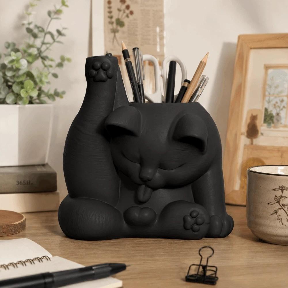 Funny Makeup Brush Holder 3D Printed Desk Storage Box Licking Paw Cat Statue  Stationery Storage