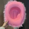 Cowgirl Hat Rhinestone Crown Decor Furry Ripped Edge Windproof Chin Rope Large Brim Sun
