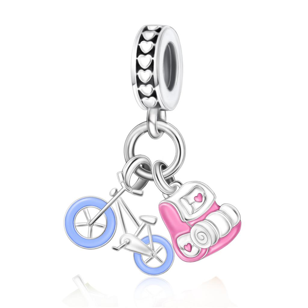 925 Silver Octopus Beads Snake Bracelet with Heart Dangle Charm Pink Pendant Gift for Her
